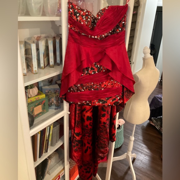 May Queen COUTURE Red Leopard-Contrast Hi-Low Gown - Picture 10 of 11